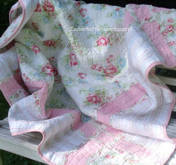 Tagesdecke SINA Rosalie Weiß Rosa Rosen 260x300 Shabby Chic Landhaus