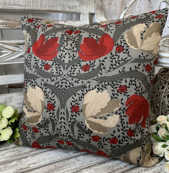 Kissen Bezug Hülle TALIA Rot Grau Sand 45 x 45 cm Baumwolle Landhaus
