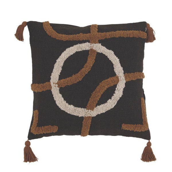 Boho-Dekokissenbezug ABSTRAKT mit Hoch-Tief-Struktur &amp; Quasten Schwarz – Cremeweiß / Braun