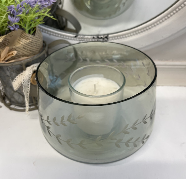 Teelichthalter Vase Glas Schale mit Schliff Grün Landhaus