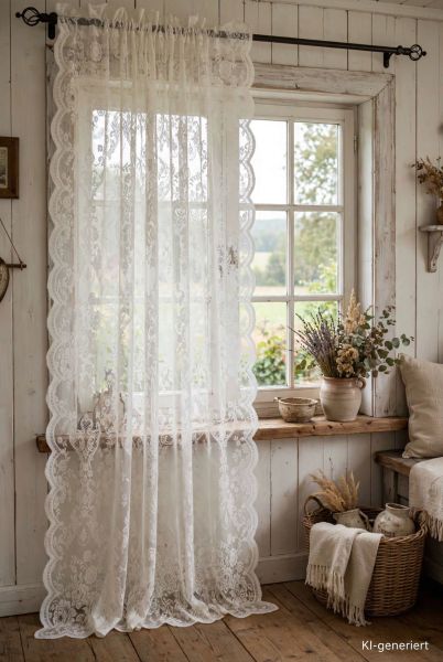 Vorhang LUCIA OFFWHITE 120x240 cm Spitzen Gardine Rosen 2 Stück Gardinenshals Landhaus Shabby Vintag