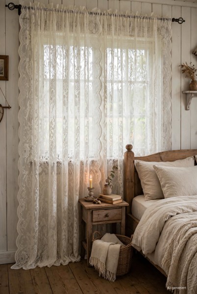Vorhang LUCIA OFFWHITE 120x240 cm Spitzen Gardine Rosen 2 Stück Gardinenshals Landhaus Shabby Vintag