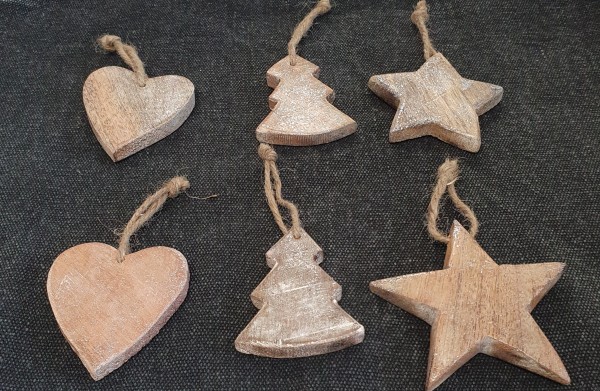 Deko Herz Holz Hänger Herz/Baum/Stern (Set 6) Shabby Vintage Landhaus Weihnachts Schmuck