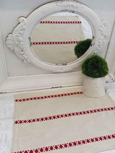 Tischset Serviette Deckchen KARL Leinen Rot Fransen Bestickt 2 Stück 50 x 50 cm Baumwolle Landhaus