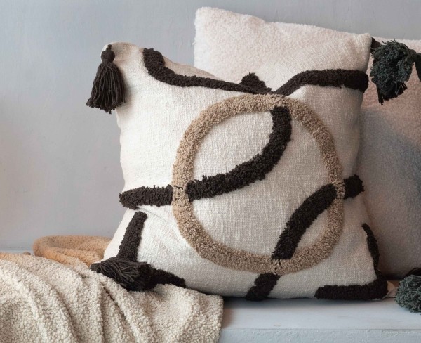 Boho-Dekokissenbezug ABSTRAKT mit Hoch-Tief-Struktur &amp; Quasten – Cremeweiß / Schwarz / Beige