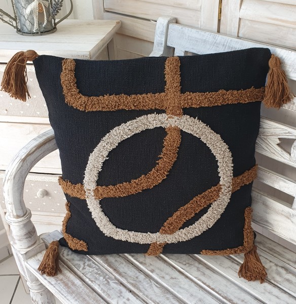 Boho-Kissenbezug ABSTRAKT 48x48 cm mit Hoch-Tief-Struktur &amp; Quasten Schwarz – Cremeweiß / Braun