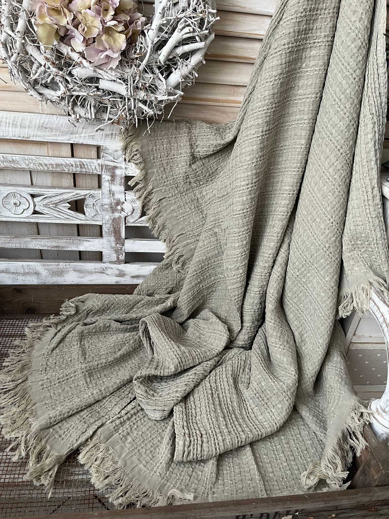 Kuscheldecke ROMA Strick SAND Sofadecke 130 x 150 cm Plaid Fransen Landhaus  | Wohn- & Kuscheldecken | Decken | Zauberhafter Landhausstil