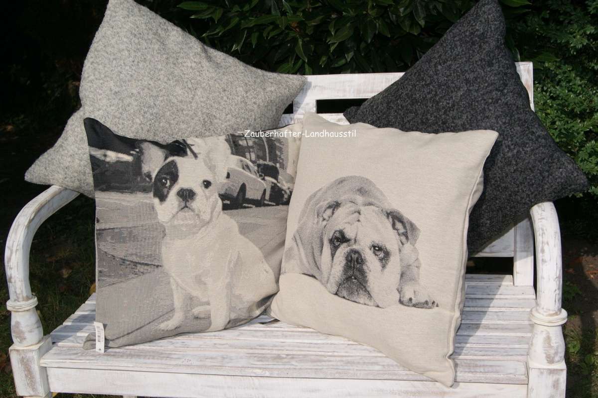 Kissenbezug EMILIA 45x45 cm Grau Dekokissen Bulldogge Mops Sofakissen Baumwolle Polyester | Kissenbezüge | Kissen