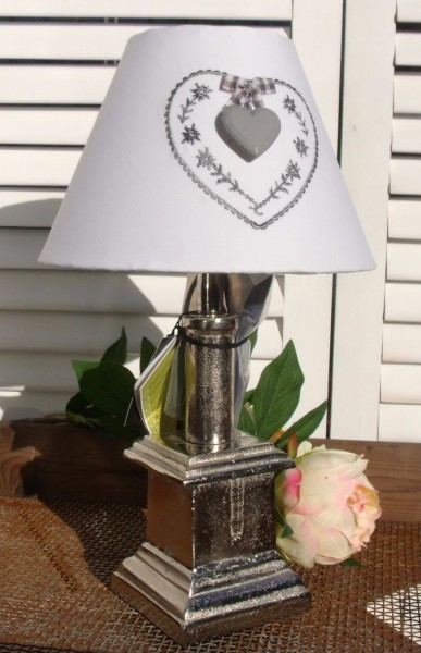 Tischleuchte Metall HERZ 42cm E27 Lampe Grau Weiß Metall Landhaus Stoffschirm Shabby Chic