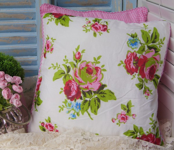 Kissenbezug ROSEN Design 45x45 cm PINK oder BLAU Blumen floral Vichy Shabby Baumwolle