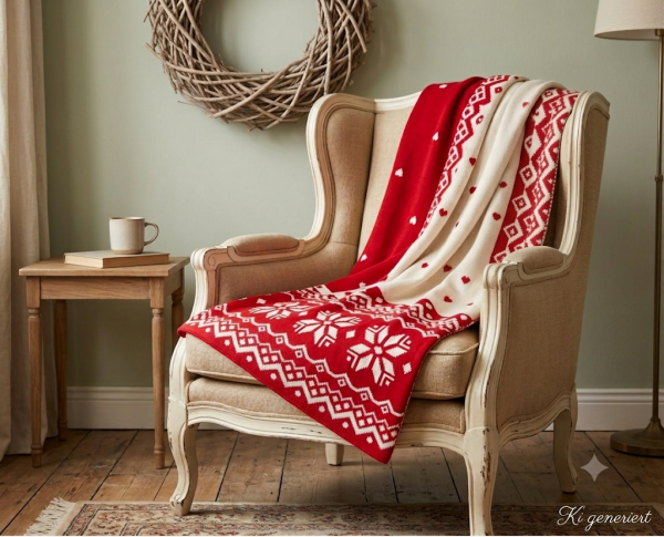 Designer Strickdecke LOVELY HEART 150x125 cm Creme/Rot Wendedecke Sofadecke