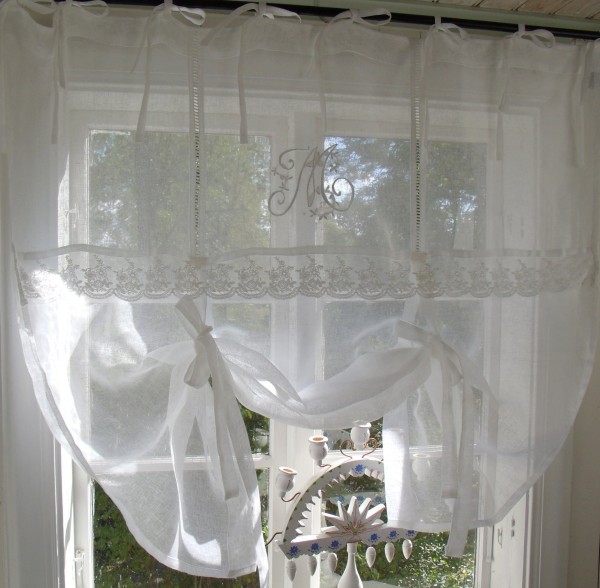 WEIß Raff Gardine MARIELLA Leinen 180x120 Scheibengardine Bestickt Spitze Vintage Landhaus Shabby