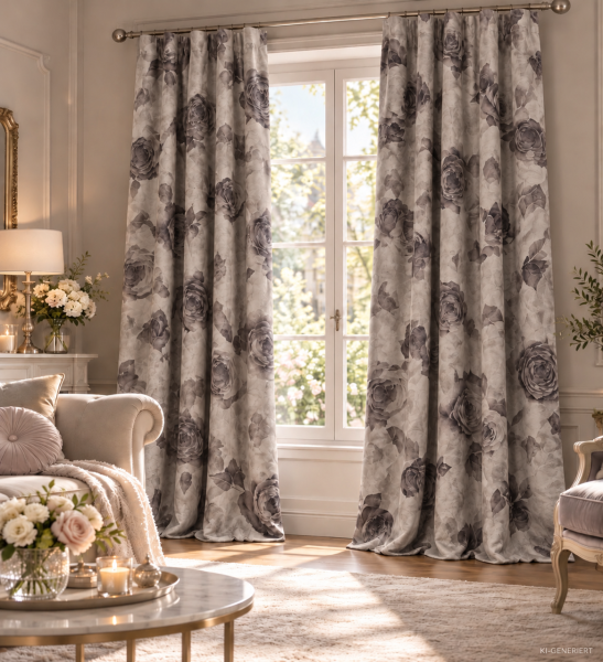 Vorhang JOLIE GRAU Velour 140x250cm 2 Stück Edel Rosen floral Blumen Gardinenschals Vorhangset