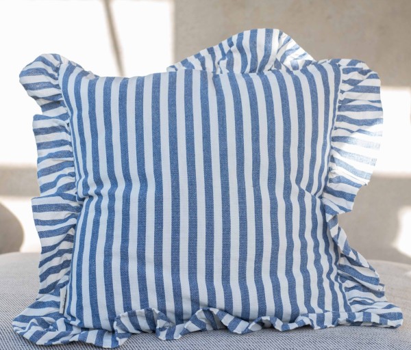 2 er Set Kissenbezug gestreift BLAU / OFFWHITE mit Volant 45x45 cm