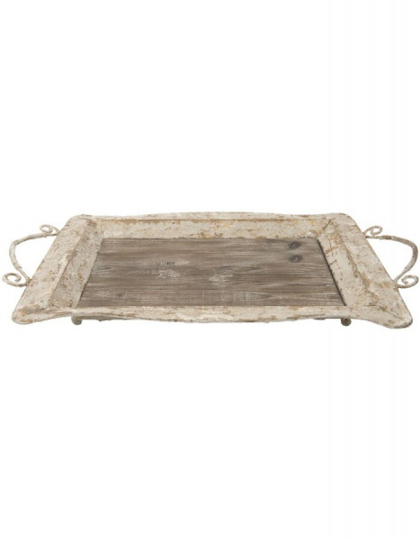 Tablett GREAT 65x40x9 Metall Holz Creme Weiß Deko Landhaus Shabby