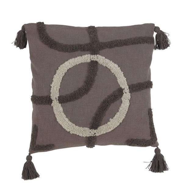 Boho-Dekokissenbezug ABSTRAKT mit Hoch-Tief-Struktur &amp; Quasten Grau – Cremeweiß / Braun-Copy
