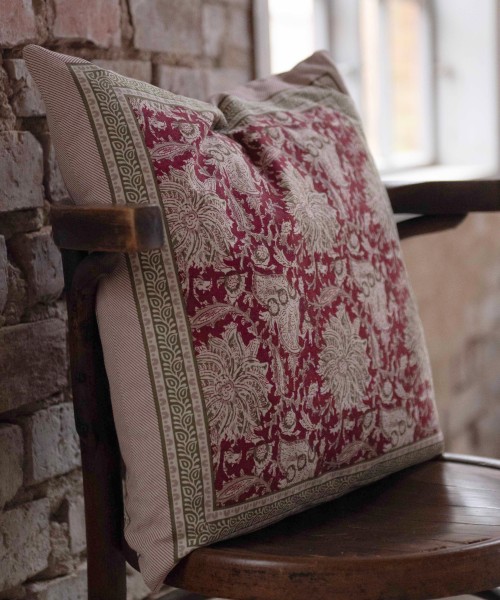 Kissenbezug TORBEN Floral Rot Offwhite Grün 48x48 cm Baumwolle Landhaus