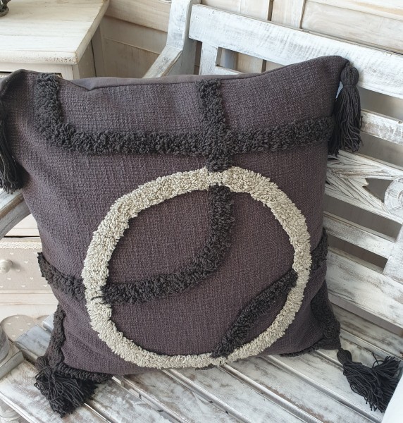 Boho-Dekokissenbezug ABSTRAKT mit Hoch-Tief-Struktur &amp; Quasten Grau – Cremeweiß / Braun