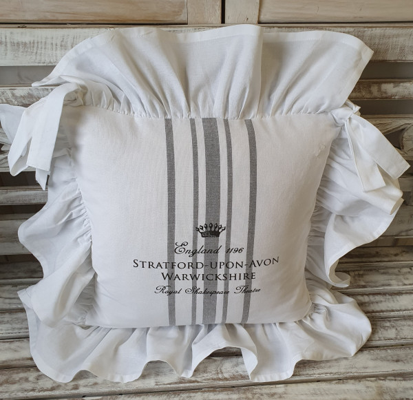 Stuhlkissenbezug STRATFORD WEISS Grau 40x40 cm Rüsche eingefaßt Shabby Chic Vintage Baumwolle