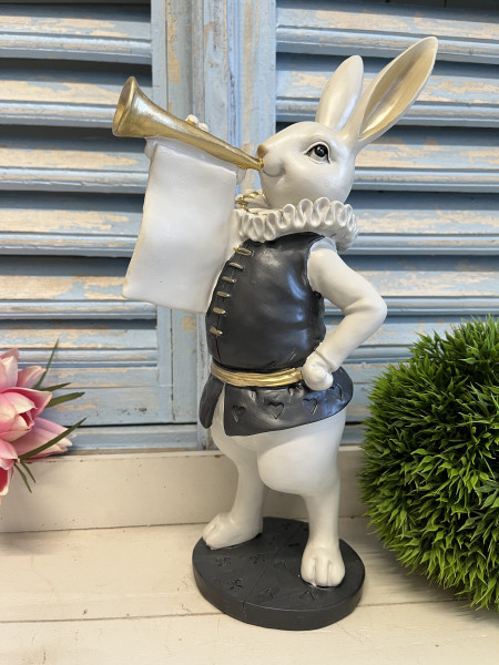 Dekoration Ostern Hase Kaninchen mit Trompete Frühling 12 x 12 x 29 cm Landhaus