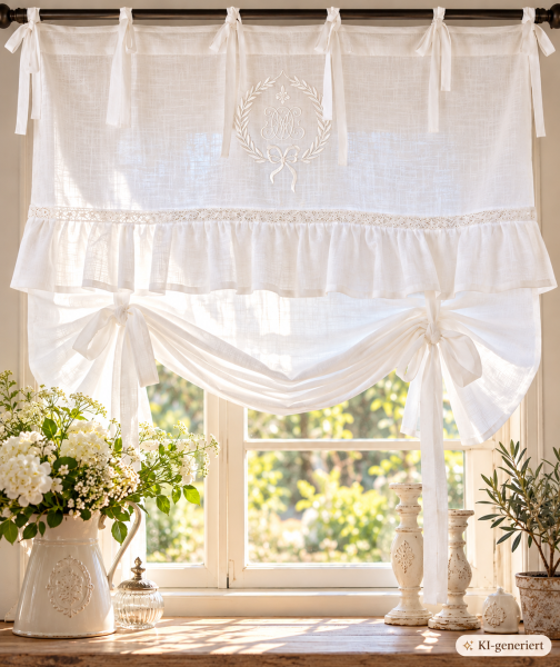 LillaBelle Raff Gardine LARA Weiß 80x120 cm Spitze Volant bestickt Vintage Landhaus Shabby