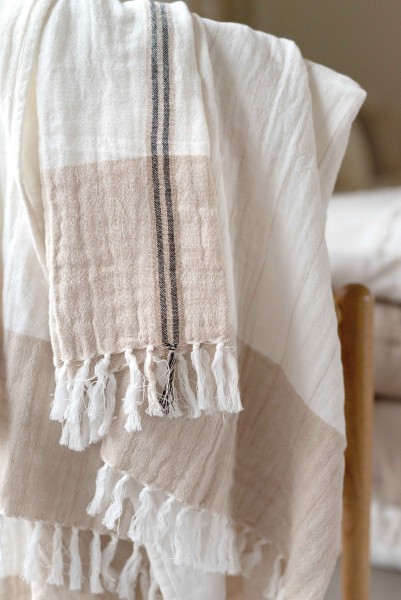 Plaid Kuscheldecke EMY Creme Leinen Sofadecke 130 x 170 cm Plaid Fransen Baumwolle Landhaus