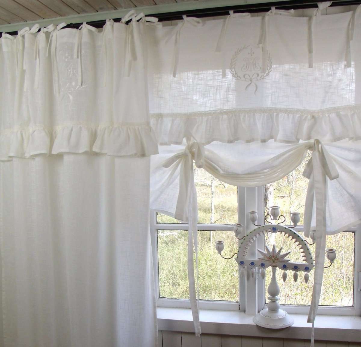Raff Gardine LARA Offwhite 80x120 cm Volant bestickt Landhaus Vintage Shabby | Raffgardinen