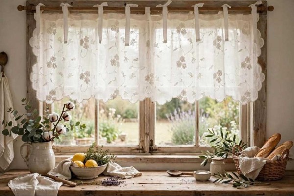 LillaBelle Scheiben Gardine LISA 80x130 cm OFFWHITE Bestickt Kurz Shabby Vintage Landhaus