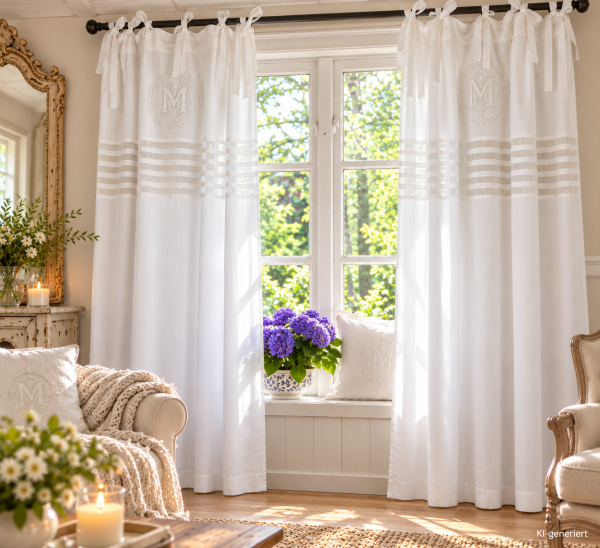 Vorhang MATHILDE WEISS 120x240 cm 2 Stück Gardine bestickt Monogramm Gardinenset