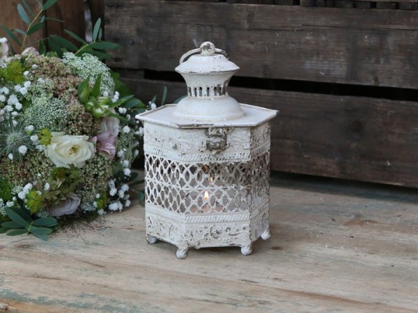 Laterne PAGODE 22x12,5cm antik creme Patina Brocante Windlicht Shabby Landhaus Metall