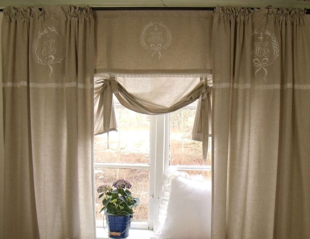 MATHILDE Sand WEISS BESTICKT 120x120 Raffrollo Gardine Raffgardine Shabby Fransk