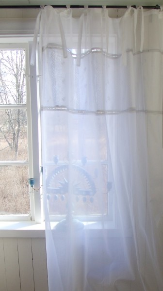 Vorhang NIKA Leinen Gardine 1 Schal 70 x 160 Bestickt Weiß Shabby Vintage